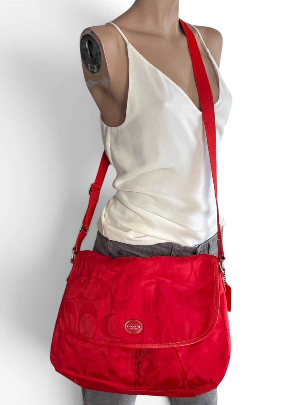COACH F77490 Signature Red Orange Nylon Messenger Bag Silver Hangtag Crossbody